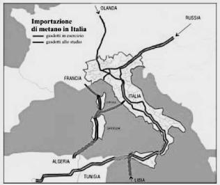 Ipotesi di percorso, secondo il progetto Galsi, del nuovo metanodotto Algeria-Sardegna-Italia, con possibile diramazione in Corsica. I tal caso, il progetto coinvolgerebbe anche la Francia 